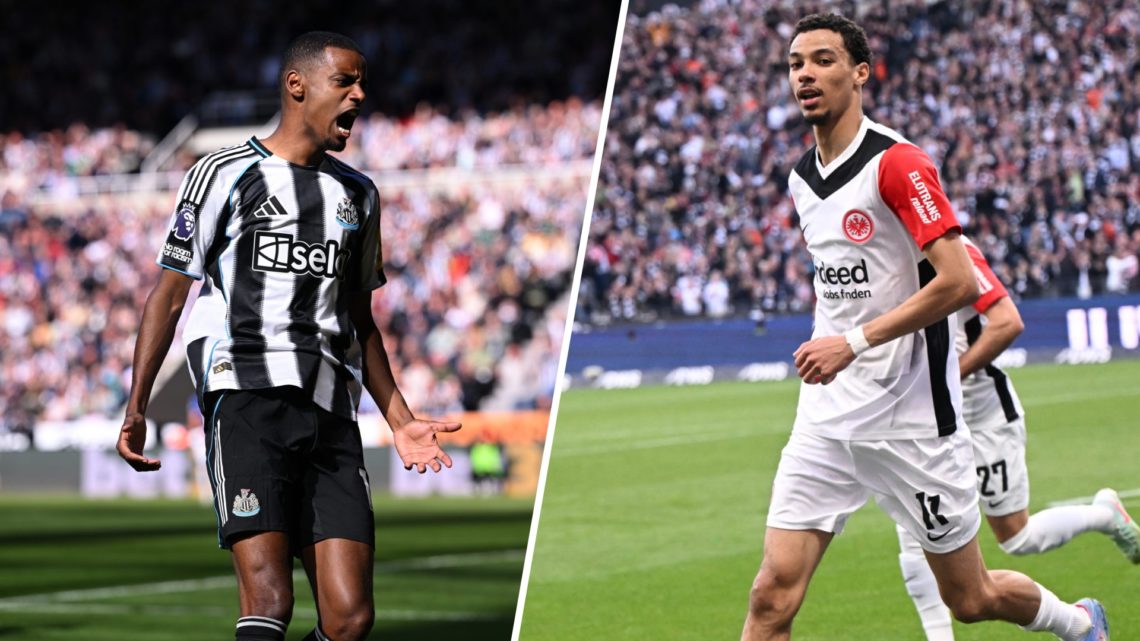 Alexander Isak reacts during a Newcastle United game against Everton in the Premier League. Hugo Ekitike celebrates scoring for Eintracht Frankfurt.