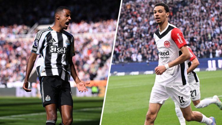 Alexander Isak reacts during a Newcastle United game against Everton in the Premier League. Hugo Ekitike celebrates scoring for Eintracht Frankfurt.