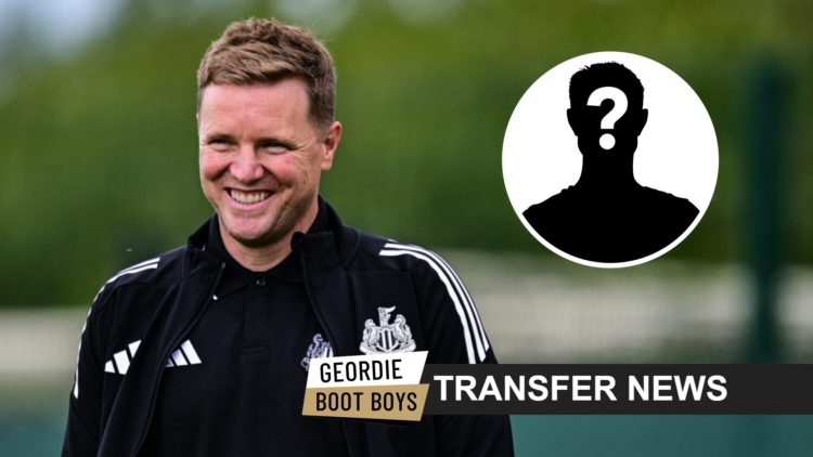 Eddie Howe looks on during Newcastle United pre-season training. Inset: a mystery player, a transfer news banner, and the Geordie Boot Boys logo.