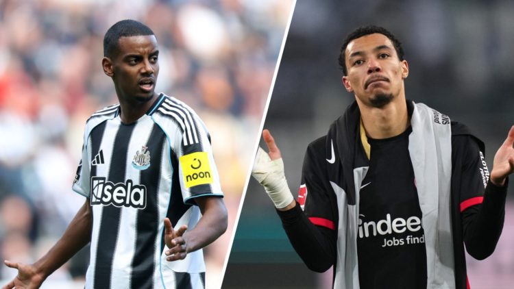 Alexander Isak playing for Newcastle United, Hugo Ekitike claps the Eintracht Frankfurt supporters