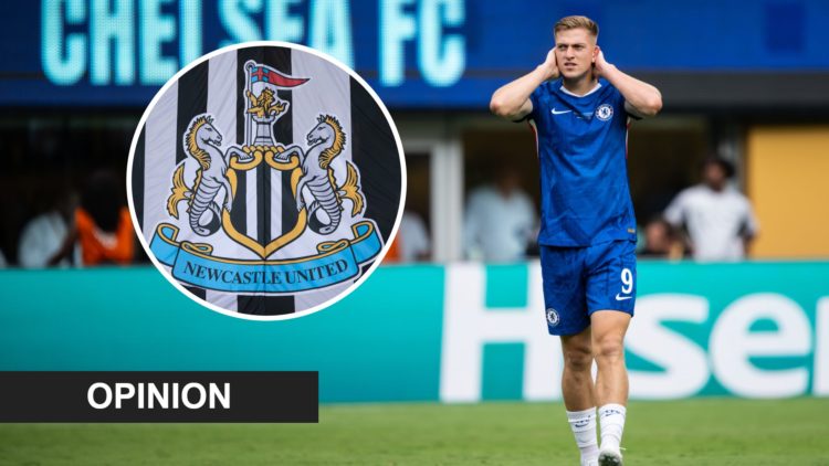Liam Delap during a Club World Cup game between Chelsea and Paris Saint-Germain. Inset: the Newcastle United badge on a flag and an opinion banner.
