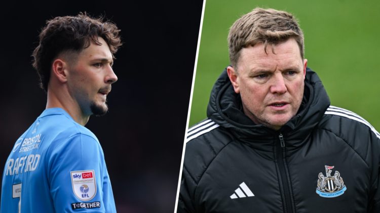 James Trafford is seen looking on during a Burnley game. Eddie Howe is pictured during a Newcastle United training session.
