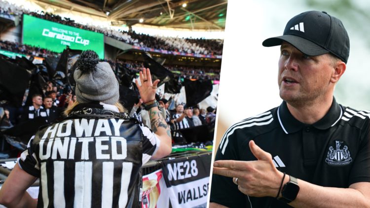 Newcastle United fans during the 2023 Carabao Cup final between Newcastle United and Manchester United. Eddie Howe speaks to his Newcastle United p...