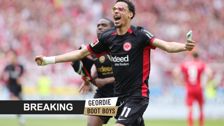 Hugo Ekitike celebrates Eintracht Frankfurt beating Freiburg in the Bundesliga. Inset: a breaking news banner and the Geordie Boot Boys logo