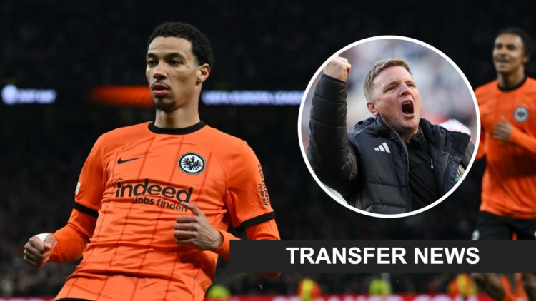 Hugo Ekitike celebrates scoring a goal for Frankfurt, Newcastle United manager Eddie Howe celebrates