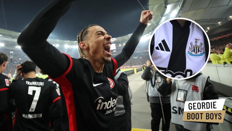 Hugo Ekitike celebrates during a Bundesliga game between VfB Stuttgart and Eintracht Frankfurt. Inset: A close-up of a Newcastle United shirt and t...