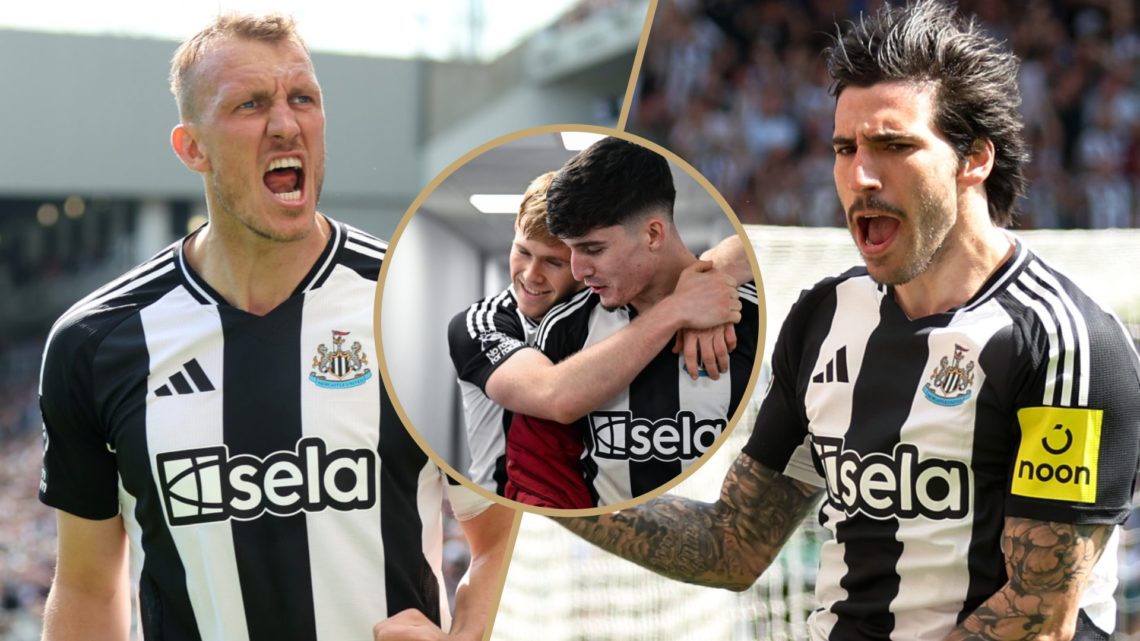 Split image: Dan Burn cheers in celebration for Newcastle United (L). Sandro Tonali celebrates a goal (R). Inset: Lewis Hall hugs Tino Livramento.