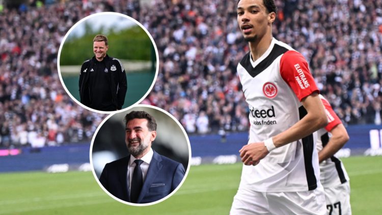 Hugo Ekitike celebrates scoring for Eintracht Frankfurt. Inset: Newcastle United manager Eddie Howe and chairman Yasir Al-Rumayyan.