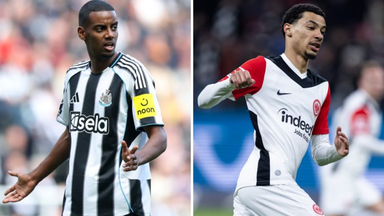 Alexander Isak playing for Newcastle United. Hugo Ekitike celebrates scoring for Eintracht Frankfurt.