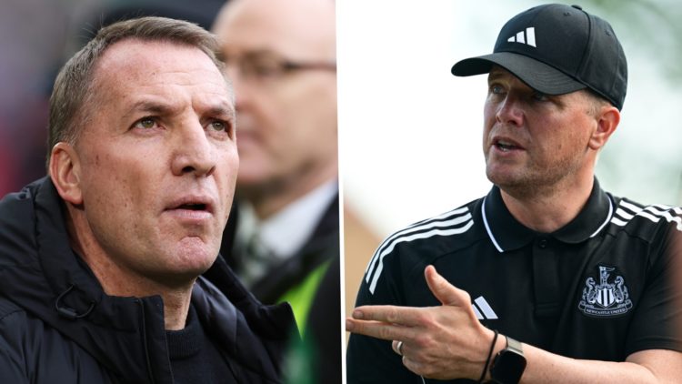 Brendan Rodgers is seen on the touchline before a Celtic game. Eddie Howe is seen during a Newcastle United pre-season training camp.