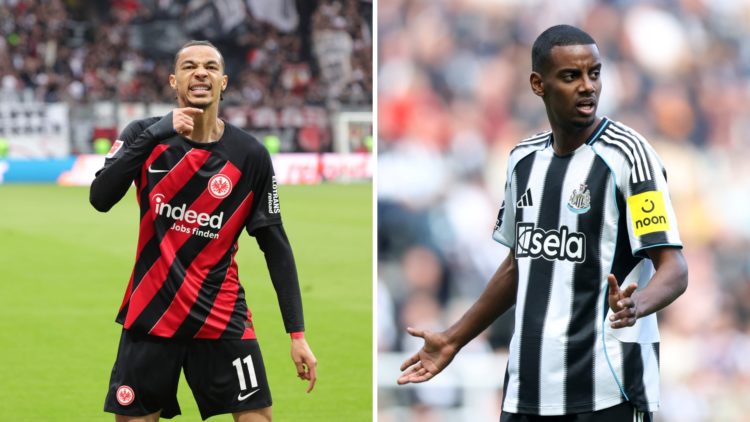 Hugo Ekitike celebrates scoring a goal for Eintracht Frankfurt against Bayer Leverkusen. Alexander Isak playing for Newcastle United against Everto...