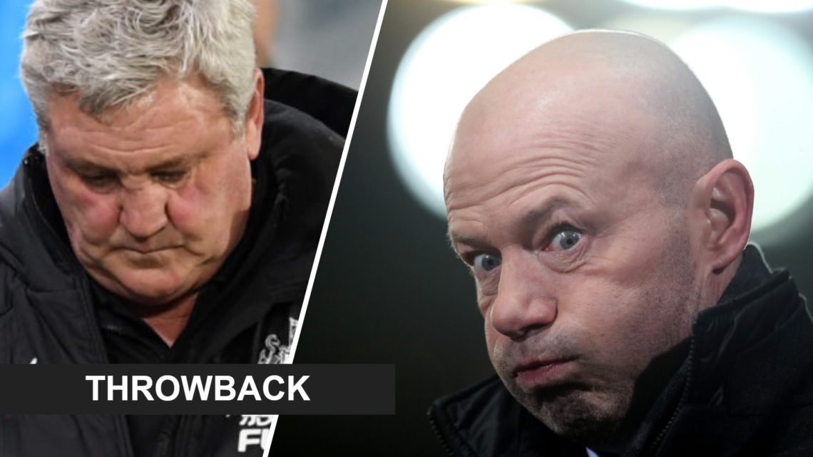Split image: Steve Bruce looks down while wearing a Newcastle jacket (L). Alan Shearer close up as he puffs out his cheeks (R).
