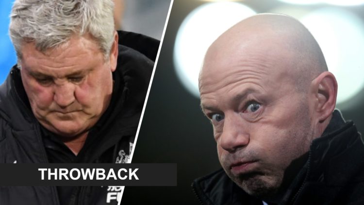 Split image: Steve Bruce looks down while wearing a Newcastle jacket (L). Alan Shearer close up as he puffs out his cheeks (R).