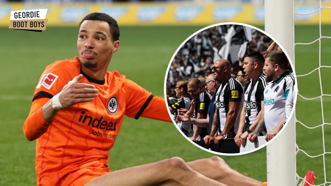 Hugo Ekitike reacts during a Bundesliga game, Newcastle United fans watching their team