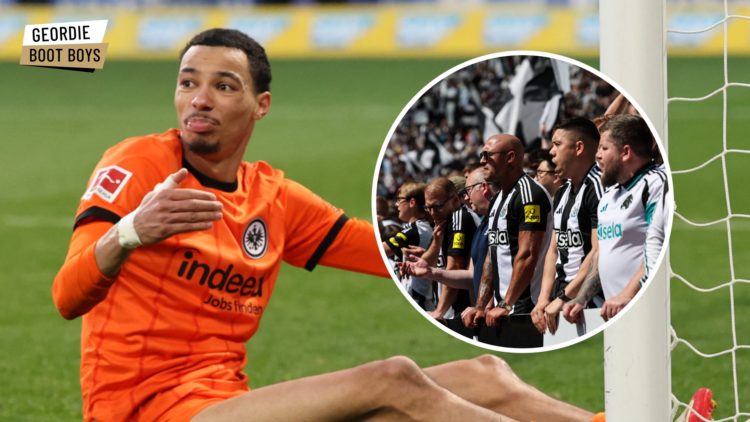 Hugo Ekitike reacts during a Bundesliga game, Newcastle United fans watching their team