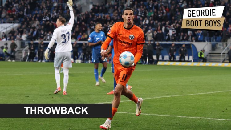 Hugo Ekitike of Eintracht Frankfurt celebrates scoring his team's second goal during the Bundesliga match between TSG 1899 Hoffenheim and Eintracht...