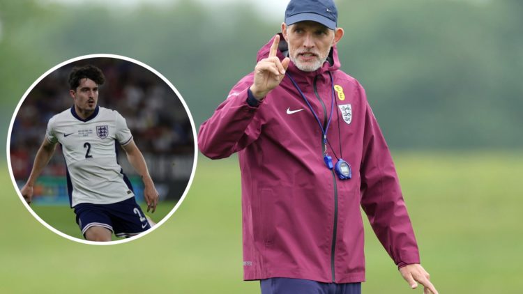 Inset 1, Tino Livramento looks on during the U21 Euros final between England and Germany. Thomas Tuchel reacts during an England training session.