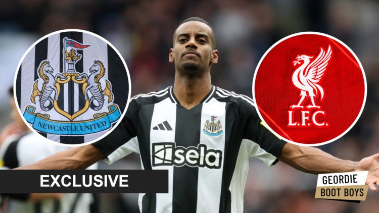 Alexander Isak celebrates scoring for Newcastle United, Newcastle United badge, Liverpool badge