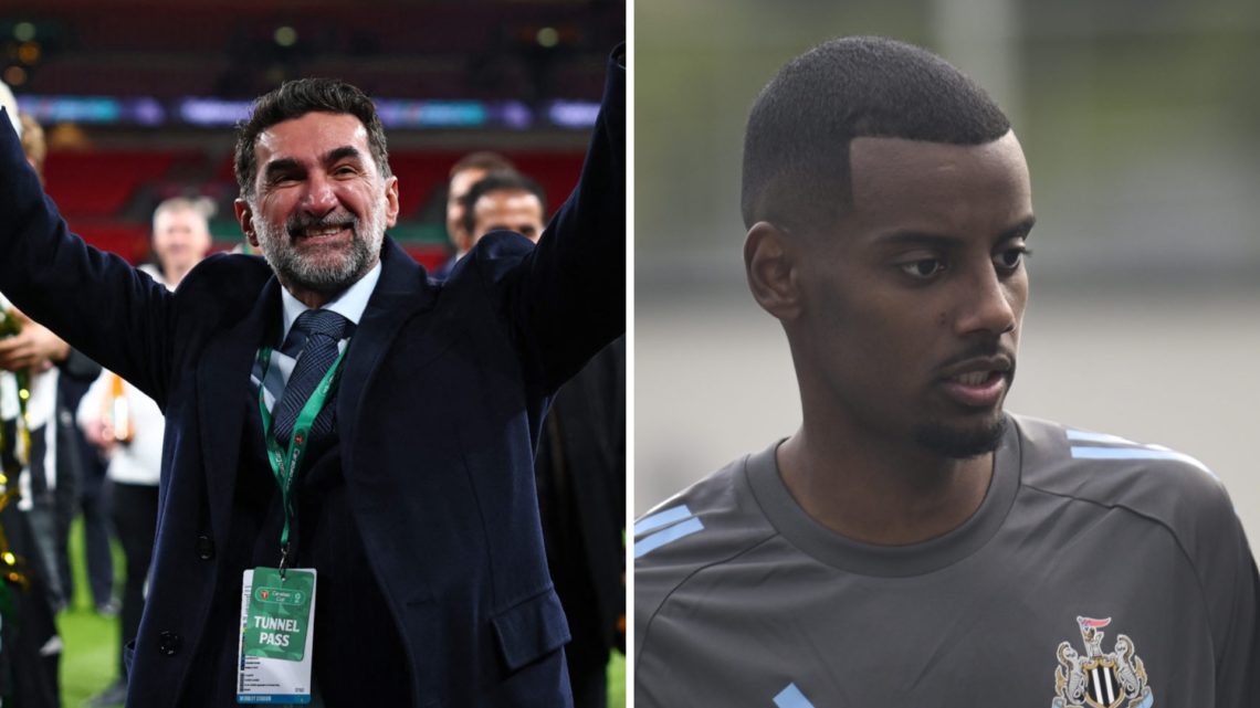Newcastle United chairman Yasir Al-Rumayyan celebrates with the Carabao Cup trophy, Alexander Isak during Newcastle United's pre-season camp in Aus...