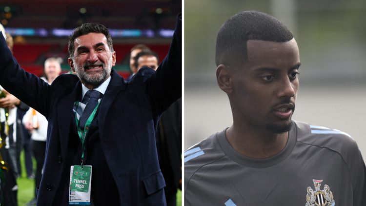 Newcastle United chairman Yasir Al-Rumayyan celebrates with the Carabao Cup trophy, Alexander Isak during Newcastle United's pre-season camp in Aus...