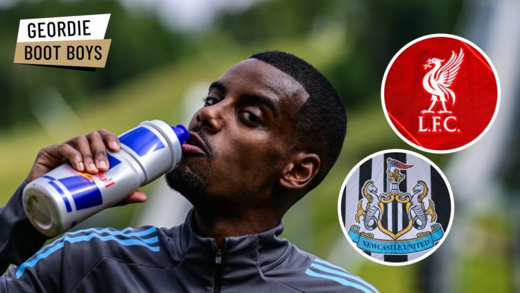 Alexander Isak during Newcastle United pre-season training in Austria. Inset: the Newcastle United and Liverpool badges and the Geordie Boot Boys Logo
