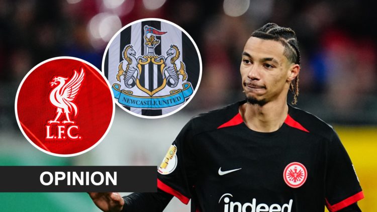 Hugo Ekitike playing for Eintracht Frankfurt, Newcastle United badge, Liverpool badge