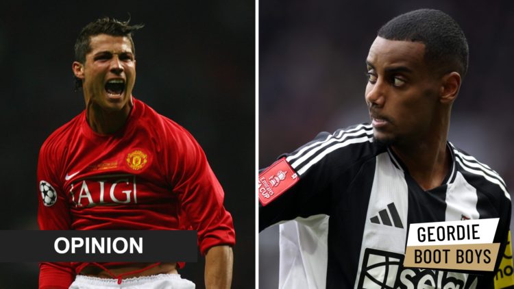 Cristiano Ronaldo celebrates scoring for Manchester United. Alexander Isak playing for Newcastle United.