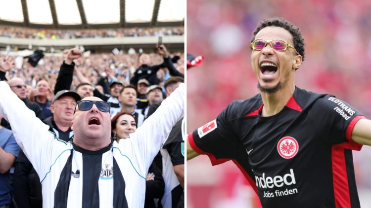 Newcastle United fans singing inside St James' Park, Hugo Ekitike celebrates after an Eintracht Frankfurt game