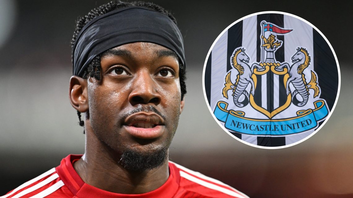 Nottingham Forest forward Anthony Elanga looks on during an FA Cup game against Ipswich Town. Inset, detail view of the Newcastle United badge.