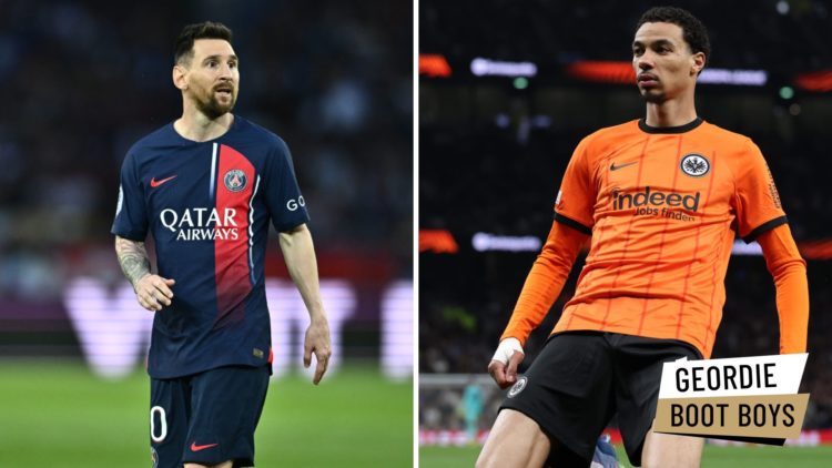Lionel Messi playing for PSG. Hugo Ekitike celebrates scoring for Eintracht Franfkurt.