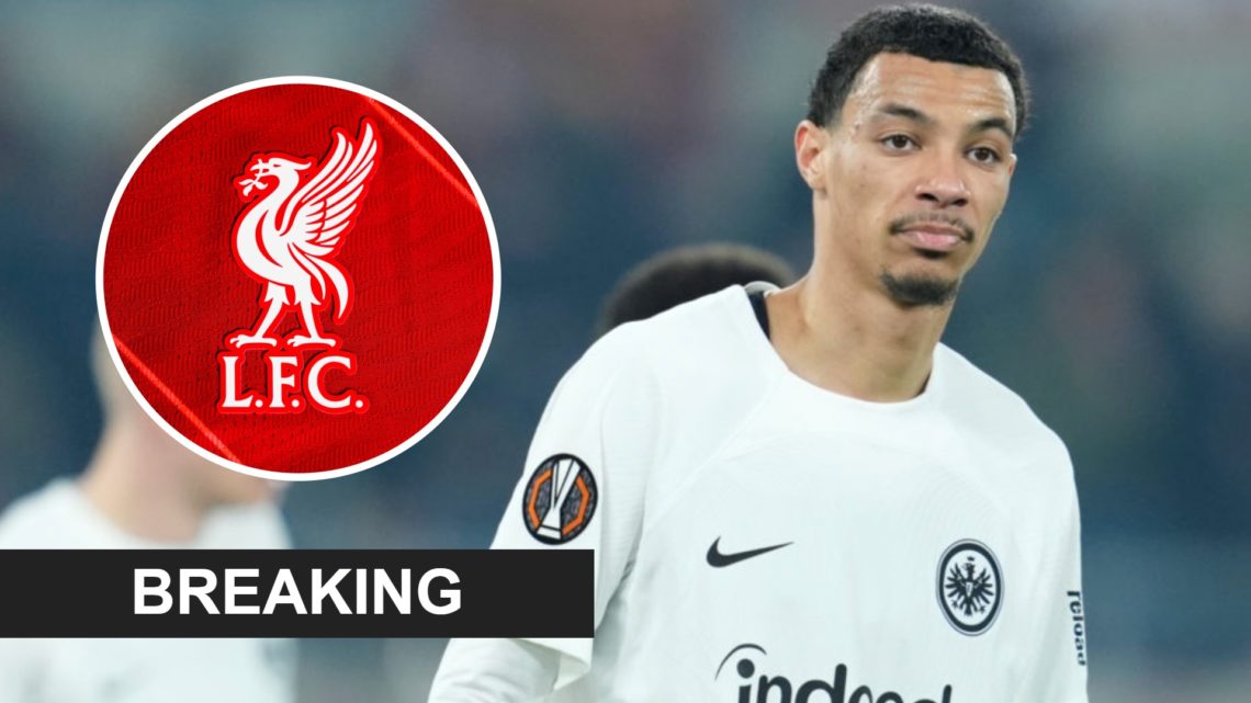 Hugo Ekitike playing in the Europa League for Eintracht Frankfurt, Liverpool badge