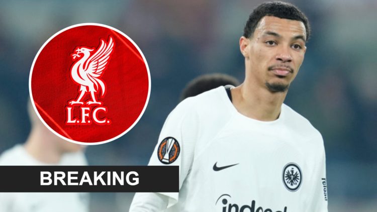 Hugo Ekitike playing in the Europa League for Eintracht Frankfurt, Liverpool badge