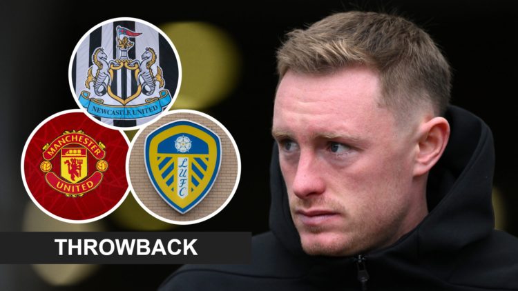 Sean Longstaff arrives at a Newcastle United match, Newcastle United badge, Manchester United badge, Leeds United badge