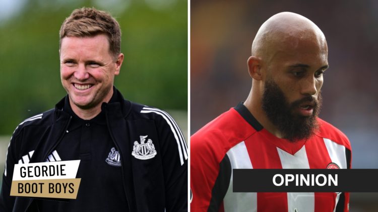 Eddie Howe smiles during a Newcastle United pre-season training session. Bryan Mbeumo looks to the ground during a Brentford game.