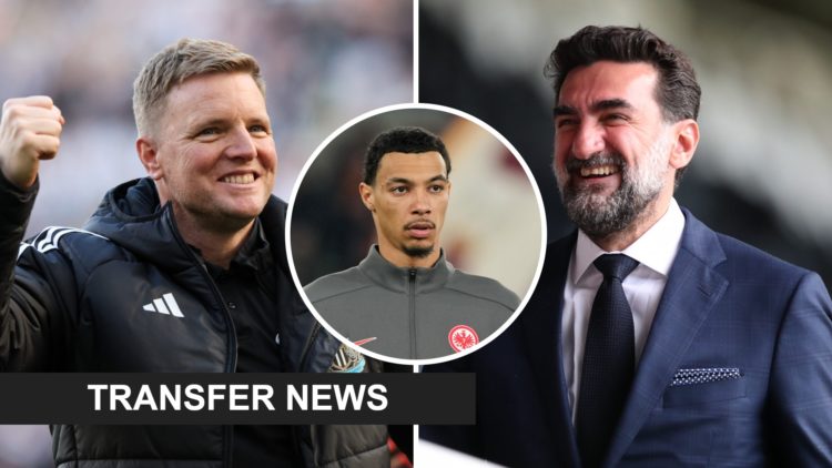 Eddie Howe celebrates after Newcastle United qualify for the Champions League. Inset, Hugo Ekitike lines up for Eintracht Frankfurt. Yasir Al-Rumay...