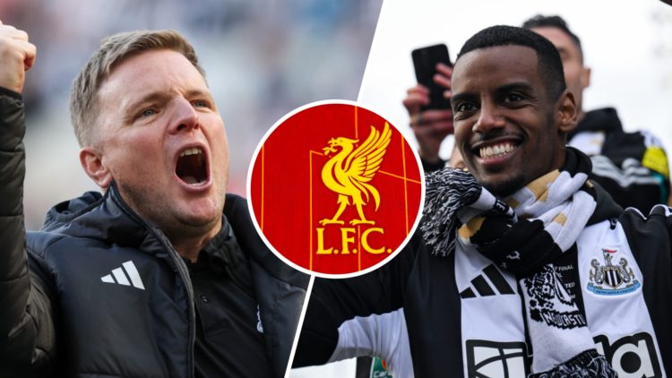 Eddie Howe celebrates qualifying for the Champions League, Alexander Isak smiles during Newcastle United's trophy parade, Liverpool badge