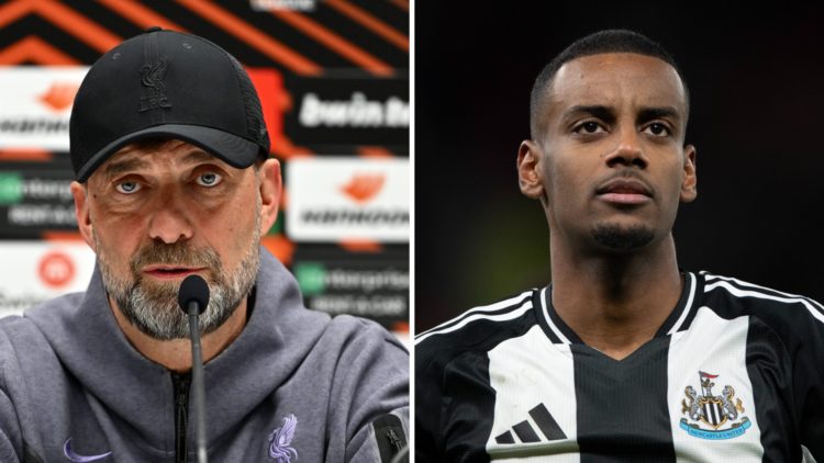 Jurgen Klopp speaks during a Liverpool press conference. Close up shot of Alexander Isak in a Newcastle United kit.
