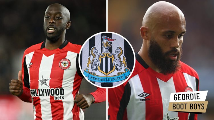 Yoane Wissa playing for Brentford. Bryan Mbeumo playing for Brentford. Inset, Newcastle United badge.