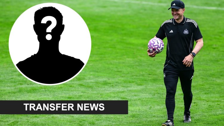 Eddie Howe smiles while holding a football during a Newcastle United pre-season training session. Inset, mystery person graphic.