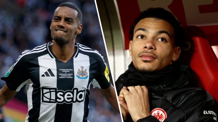 Alexander Isak after scoring for Newcastle United in the Carabao Cup final. Hugo Ekitike on the bench for Eintract Frankfurt.