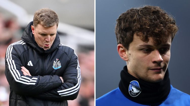 Eddie Howe looks to the touchline. Giorgio Scalvini warming up for Atalanta.