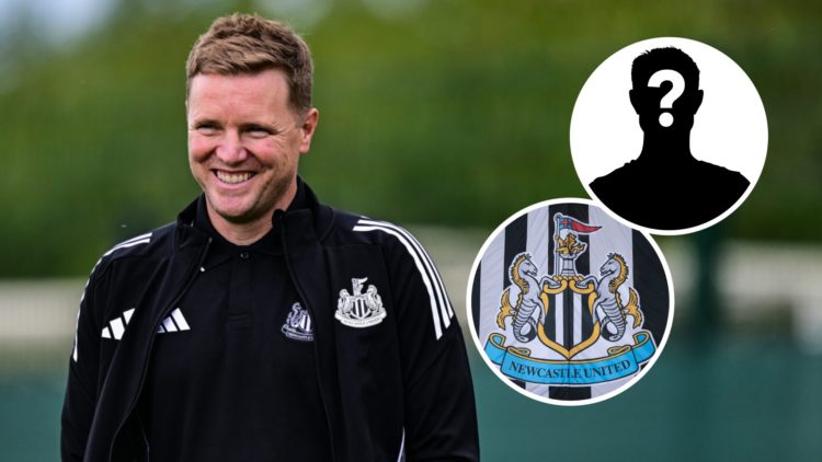 Eddie Howe looks on during Newcastle United pre-season training. Inset: the Newcastle United badge and a mystery player.
