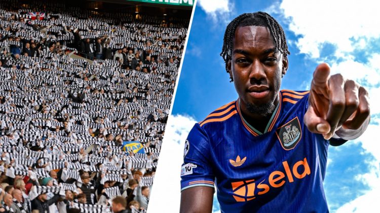 Newcastle United fans hold up scarves at Wembley, Anthony Elanga poses after joining Newcastle United