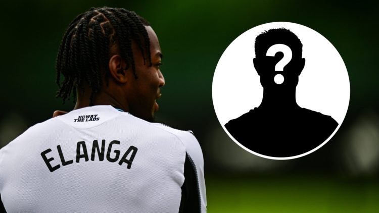 Anthony Elanga being unveiled as a Newcastle United player. Inset: a mystery player.
