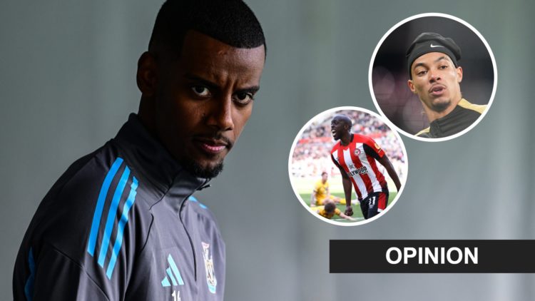 Alexander Isak looks on during Newcastle United's pre-season training camp in Austria. Inset: Brentford striker Yoane Wissa and Eintracht Frankfurt...