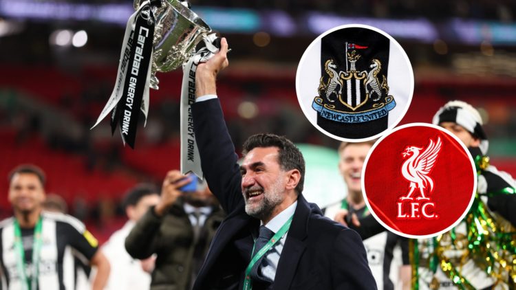 Yasir Al-Rumayyan celebrates after Newcastle United win the Carabao Cup. Inset: the Newcastle United badge and the Liverpool badge