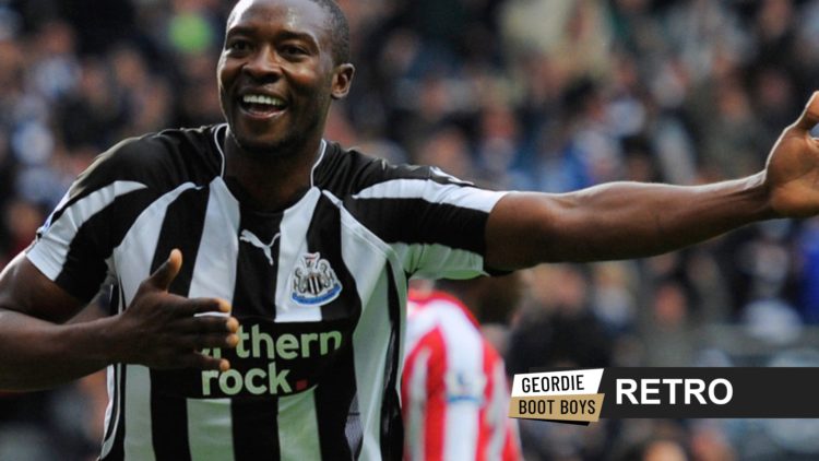 Shola Ameobi celebrates scoring a goal for Newcastle United against Sunderland. Banner that reads 'retro' and Geordie Boot Boys logo.