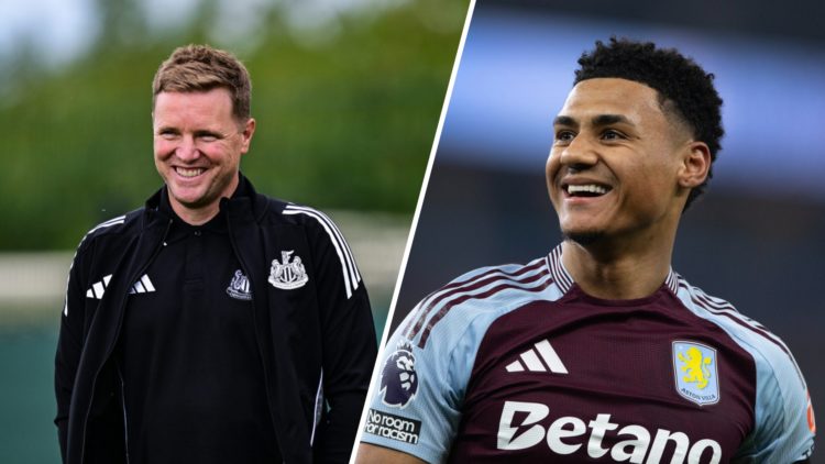 Eddie Howe smiles during a Newcastle United training session, Ollie Watkins celebrates scoring for Aston Villa
