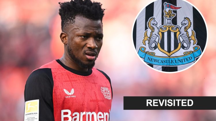 Bayer Leverkusen defender Edmond Tapsoba looks on during a Bundesliga game. Inset, detail view of the Newcastle United badge.