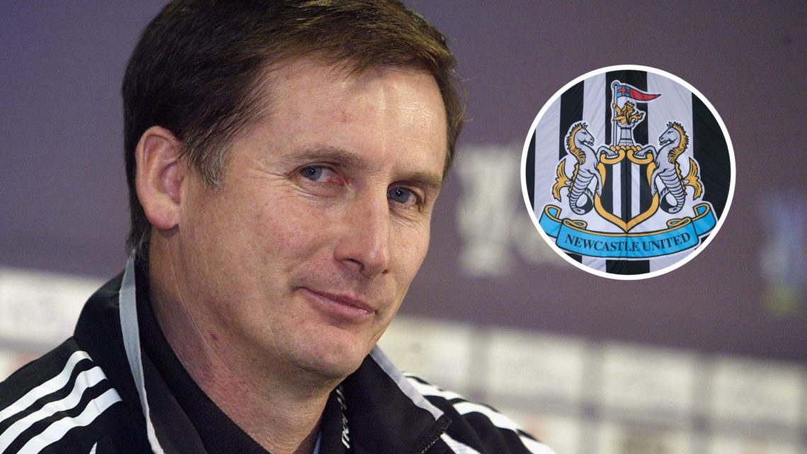 Glenn Roeder during a Newcastle United press conference in Frankfurt. Inset: the Newcastle United badge on a flag.